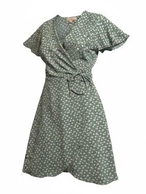 Flowy summer floral Monteau Green White Wrap mini midi Dress Flutter Sleeve XS